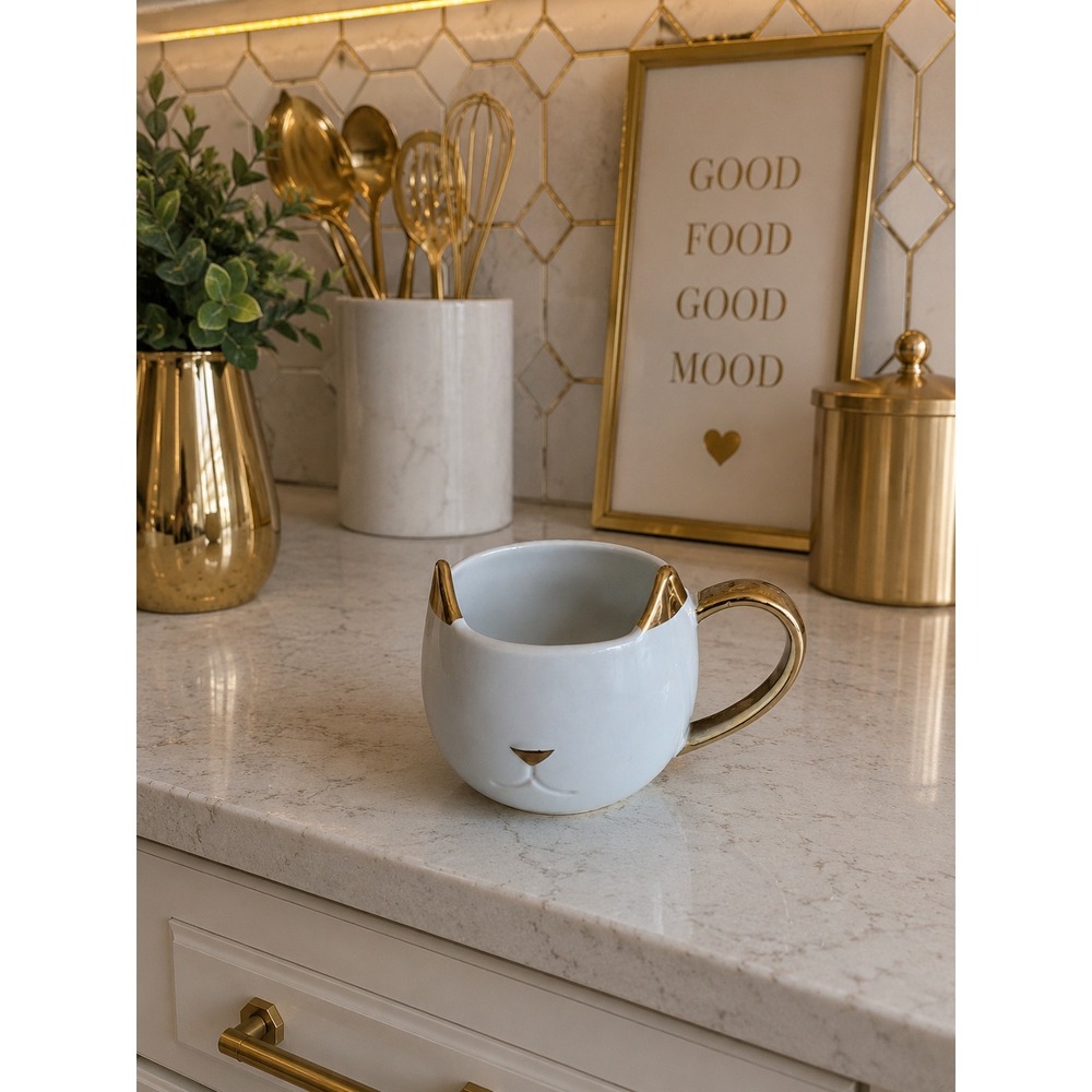 Pinky Up White Ceramic Cat Mug Gold Ears Handle Pawsome Interior Tea‎ Coffee Cup